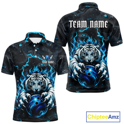 Black and Blue Flame Tiger bowling ball men's polo shirt custom funny bowling team jersey, personalized tiger bowling shirt, bowling league apparel