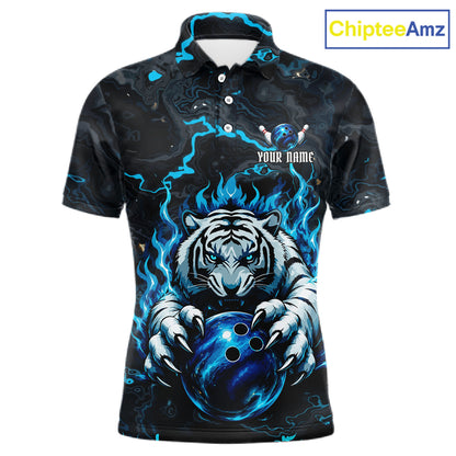 Black and Blue Flame Tiger bowling ball men's polo shirt custom funny bowling team jersey, personalized tiger bowling shirt, bowling league apparel