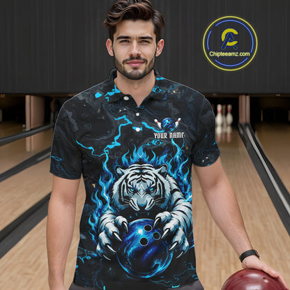 Male bowler wearing Black and Blue Flame Tiger bowling ball jersey, custom bowling league team shirt