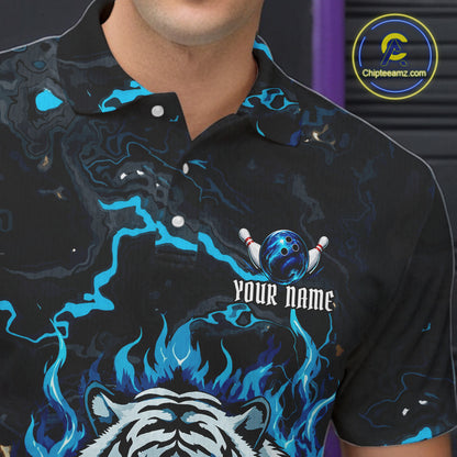 Male bowler wearing Black and Blue Flame Tiger bowling ball jersey, custom bowling league team shirt