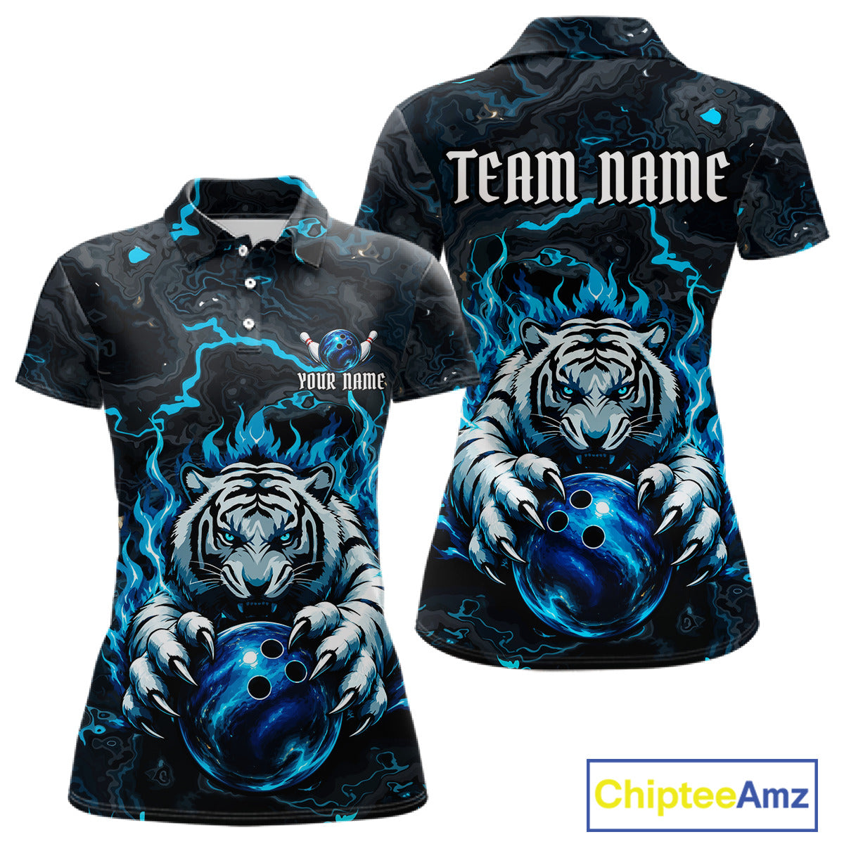 Black and Blue Flame Tiger bowling ball women's polo shirt custom funny bowling team jersey, personalized tiger bowling shirt, bowling league apparel