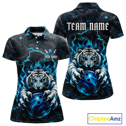 Black and Blue Flame Tiger bowling ball women's polo shirt custom funny bowling team jersey, personalized tiger bowling shirt, bowling league apparel