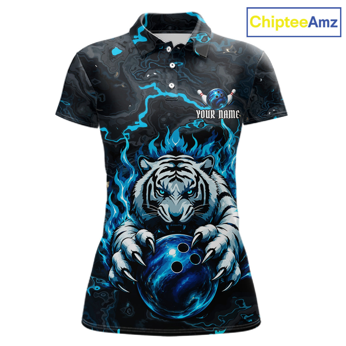 Black and Blue Flame Tiger bowling ball women's polo shirt custom funny bowling team jersey, personalized tiger bowling shirt, bowling league apparel
