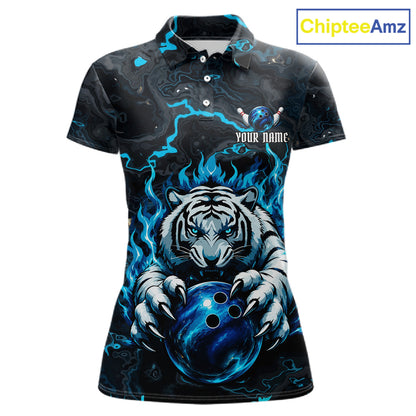 Black and Blue Flame Tiger bowling ball women's polo shirt custom funny bowling team jersey, personalized tiger bowling shirt, bowling league apparel
