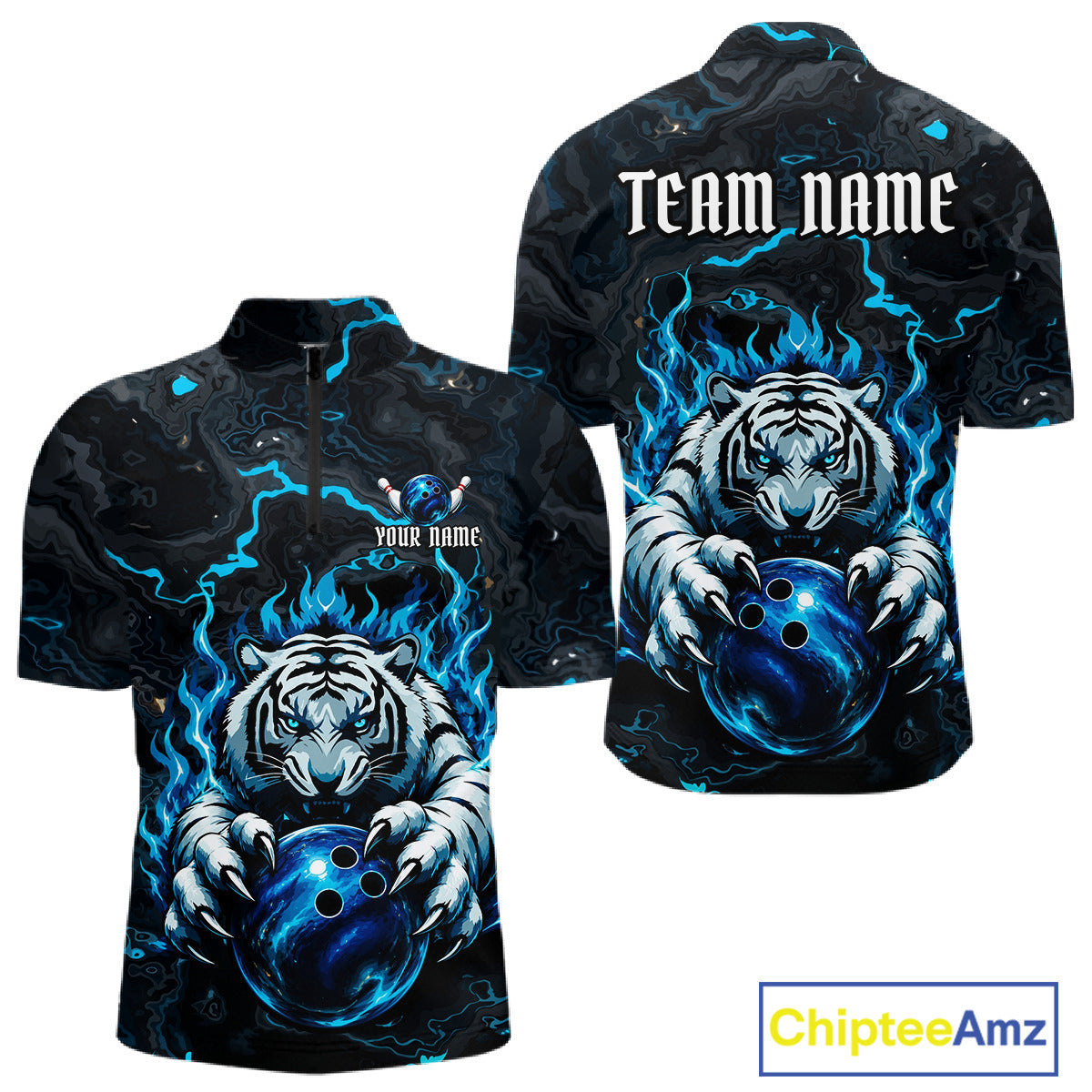 Black and Blue Flame Tiger bowling ball men's quarter zip bowling shirt, custom tiger bowling team uniform, personalized bowling jersey