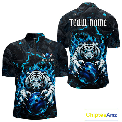 Black and Blue Flame Tiger bowling ball men's quarter zip bowling shirt, custom tiger bowling team uniform, personalized bowling jersey