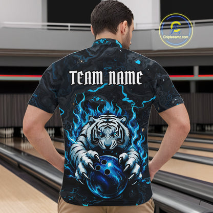 Male bowler wearing Black and Blue Flame Tiger bowling ball jersey, custom bowling league team shirt