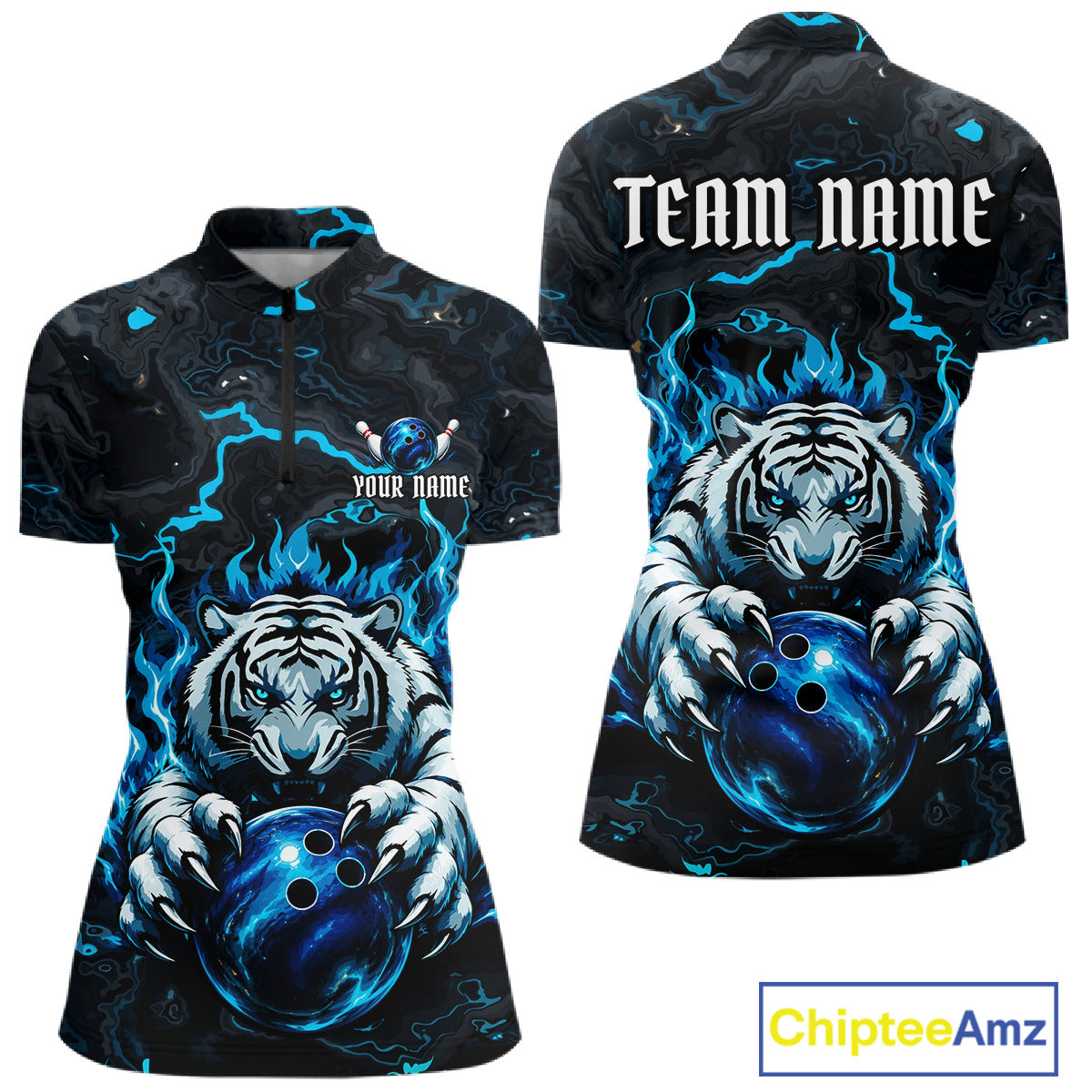 Black and Blue Flame Tiger bowling ball women's quarter zip bowling shirt, custom tiger bowling team uniform, personalized bowling jersey