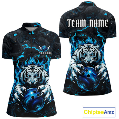 Black and Blue Flame Tiger bowling ball women's quarter zip bowling shirt, custom tiger bowling team uniform, personalized bowling jersey