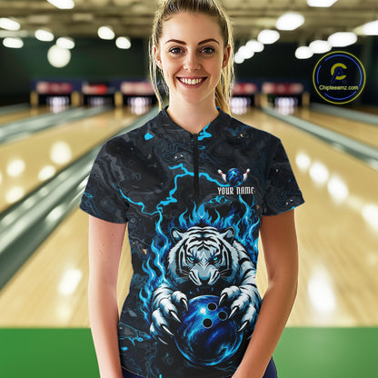 Female bowler wearing Black and Blue Flame Tiger bowling ball jersey, custom bowling league team shirt