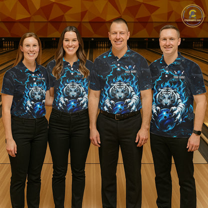 Men women bowling team wearing Black and Blue Flame Tiger custom bowling jerseys, matching bowling league uniforms