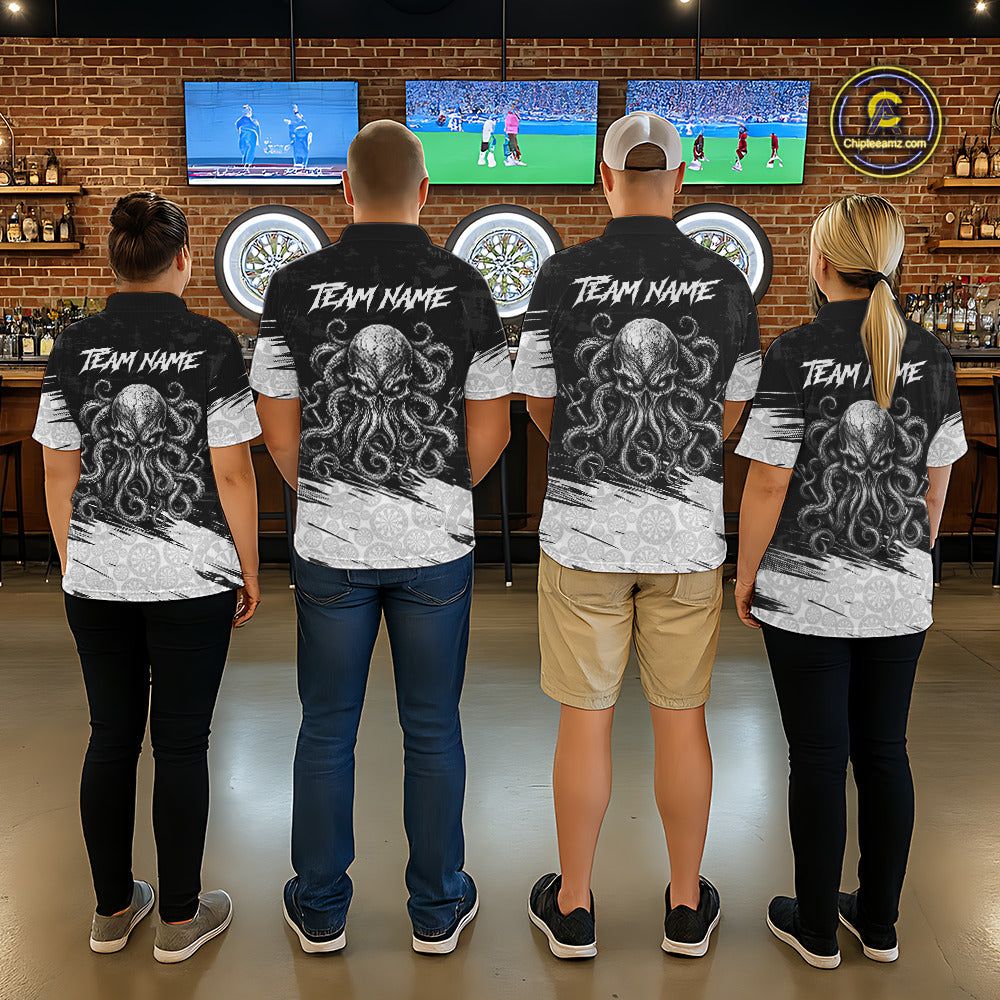 Dart team wearing matching White Black Octopus jerseys, personalized dart uniforms, ocean life theme, teamwork, fishing, boating, billiards crossover