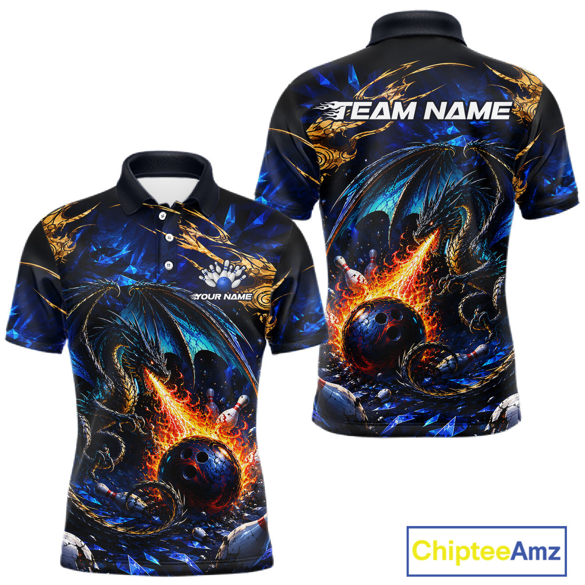 Blue And Gold Dragon Bowling Shirt For Men Custom Fire Flame Polo 1/4-Zip Bowling Team Jersey NYN3644