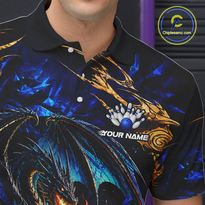 Blue And Gold Dragon Bowling Shirt For Men Custom Fire Flame Polo 1/4-Zip Bowling Team Jersey NYN3644