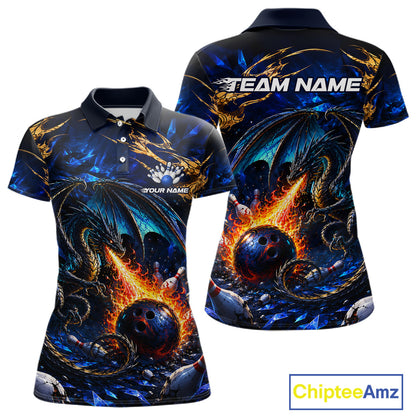 Blue And Gold Dragon Bowling Shirt For Women Custom Fire Flame Polo 1/4-Zip Bowling Team Jersey NYN3644