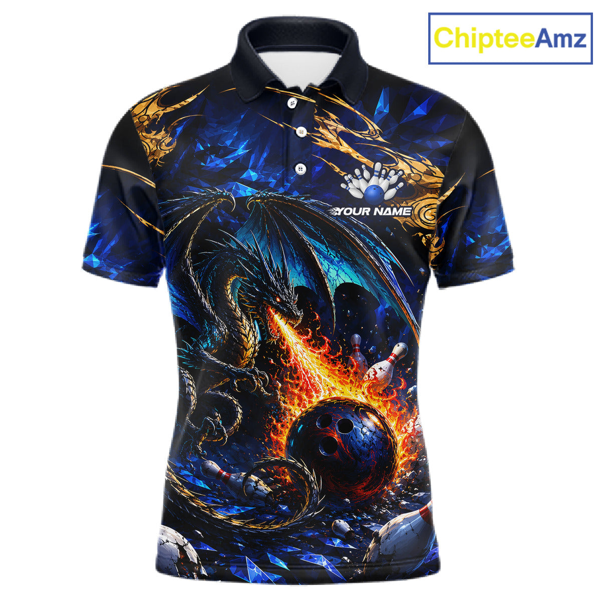 Blue And Gold Dragon Bowling Shirt For Men Custom Fire Flame Polo 1/4-Zip Bowling Team Jersey NYN3644