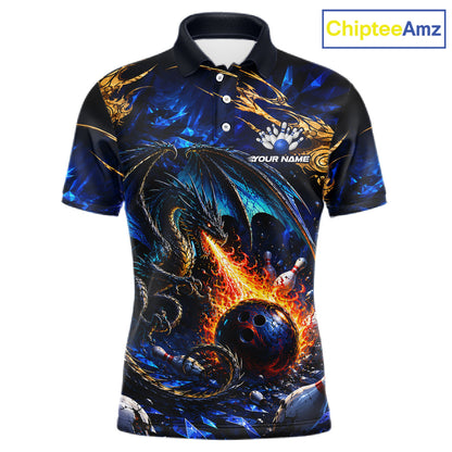 Blue And Gold Dragon Bowling Shirt For Men Custom Fire Flame Polo 1/4-Zip Bowling Team Jersey NYN3644