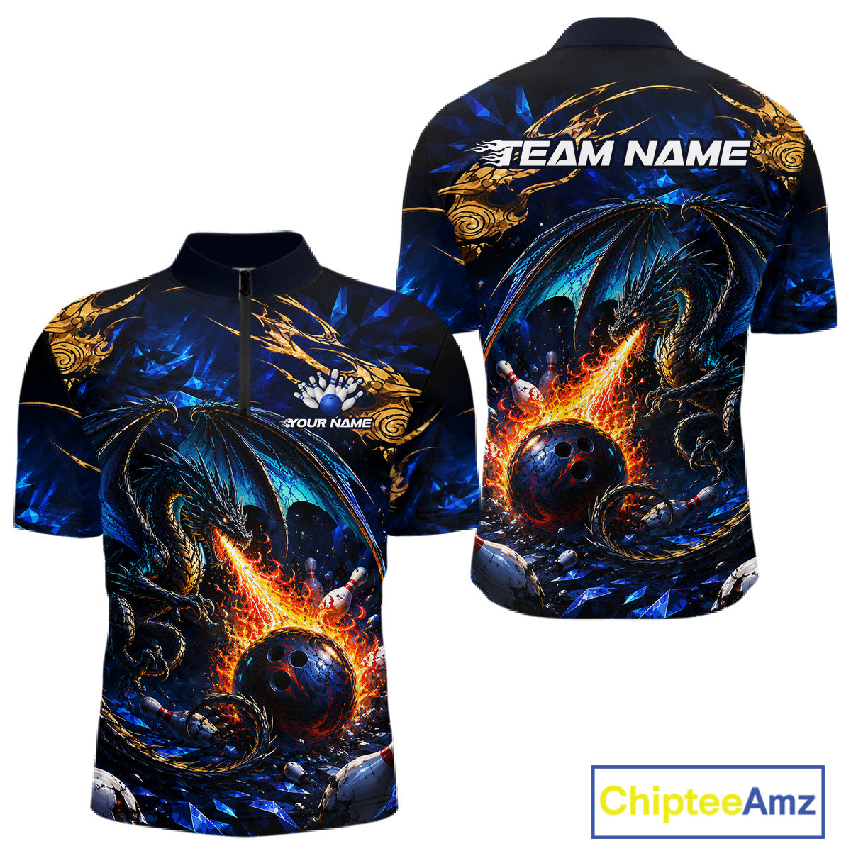 Blue And Gold Dragon Bowling Shirt For Men Custom Fire Flame Polo 1/4-Zip Bowling Team Jersey NYN3644