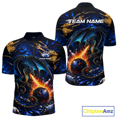 Blue And Gold Dragon Bowling Shirt For Men Custom Fire Flame Polo 1/4-Zip Bowling Team Jersey NYN3644