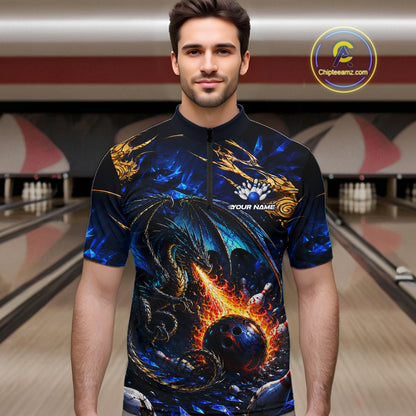 Blue And Gold Dragon Bowling Shirt For Men Custom Fire Flame Polo 1/4-Zip Bowling Team Jersey NYN3644