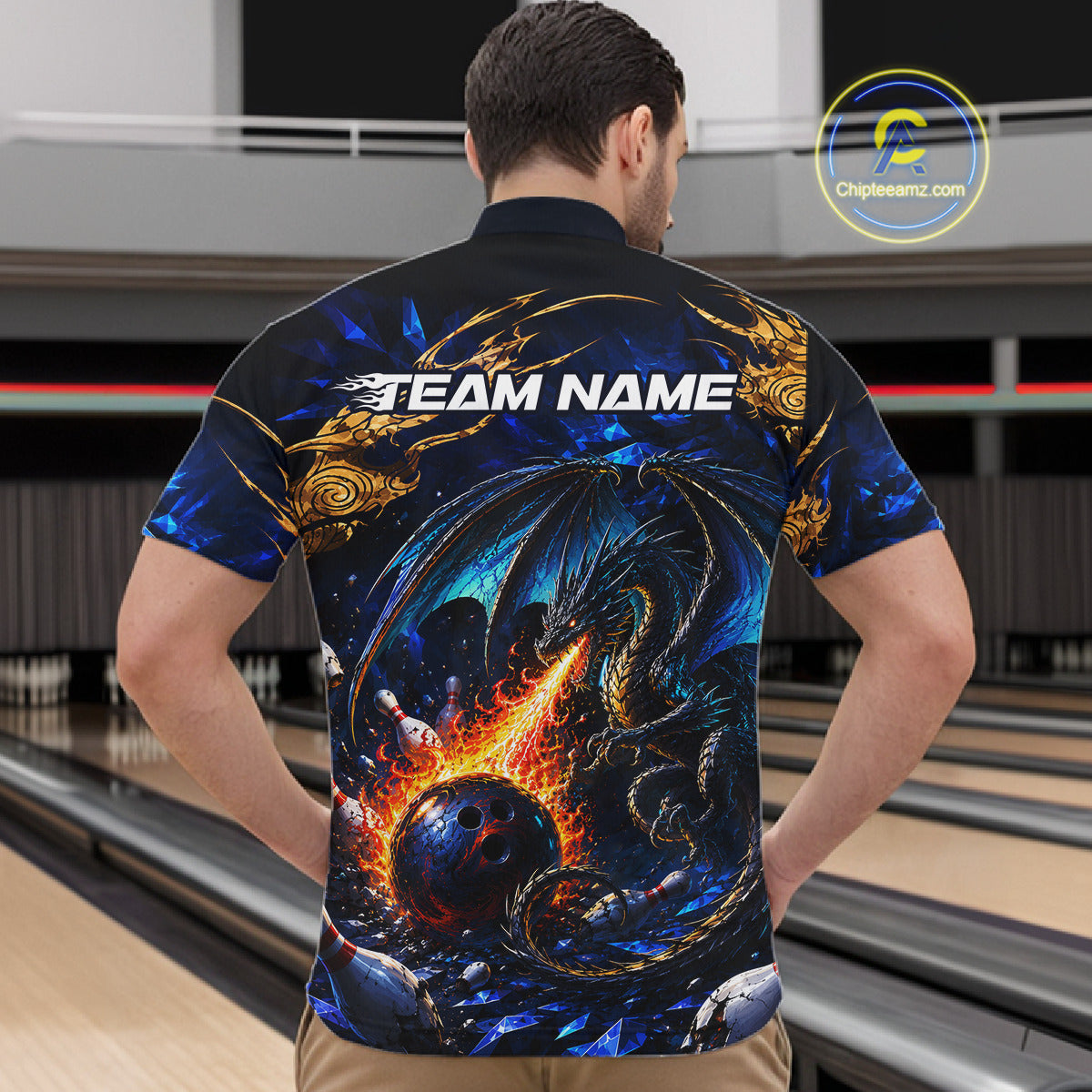 Blue And Gold Dragon Bowling Shirt For Men Custom Fire Flame Polo 1/4-Zip Bowling Team Jersey NYN3644