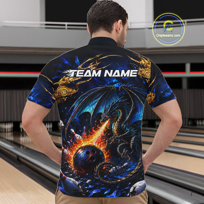 Blue And Gold Dragon Bowling Shirt For Men Custom Fire Flame Polo 1/4-Zip Bowling Team Jersey NYN3644