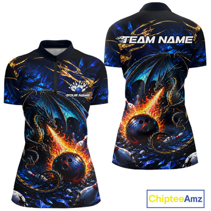 Blue And Gold Dragon Bowling Shirt For Women Custom Fire Flame Polo 1/4-Zip Bowling Team Jersey NYN3644