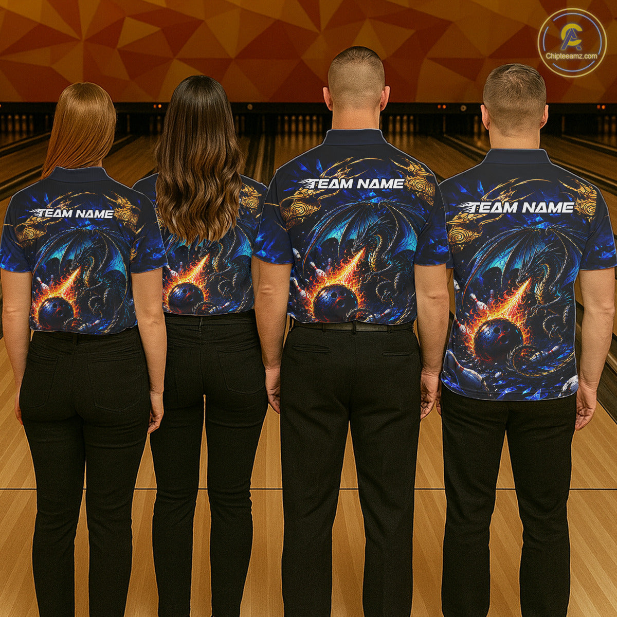 Blue And Gold Dragon Bowling Shirt For Men Custom Fire Flame Polo 1/4-Zip Bowling Team Jersey NYN3644
