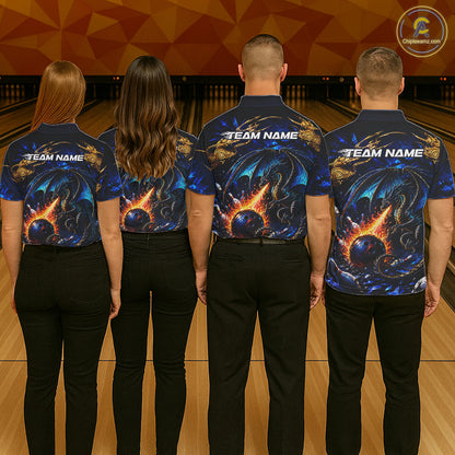 Blue And Gold Dragon Bowling Shirt For Men Custom Fire Flame Polo 1/4-Zip Bowling Team Jersey NYN3644