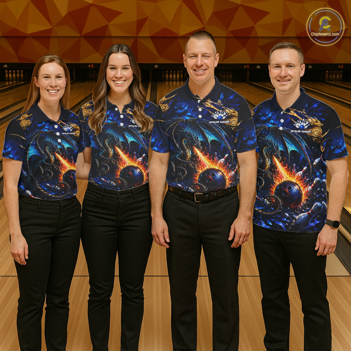 Blue And Gold Dragon Bowling Shirt For Men Custom Fire Flame Polo 1/4-Zip Bowling Team Jersey NYN3644