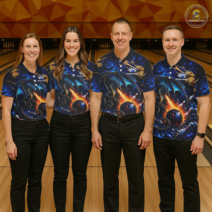 Blue And Gold Dragon Bowling Shirt For Men Custom Fire Flame Polo 1/4-Zip Bowling Team Jersey NYN3644