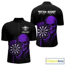 Load image into Gallery viewer, Custom Men's Dart Quarter-Zip Shirt With Purple Blood Skull Holding Dartboard, Darts Jersey  NYN1794