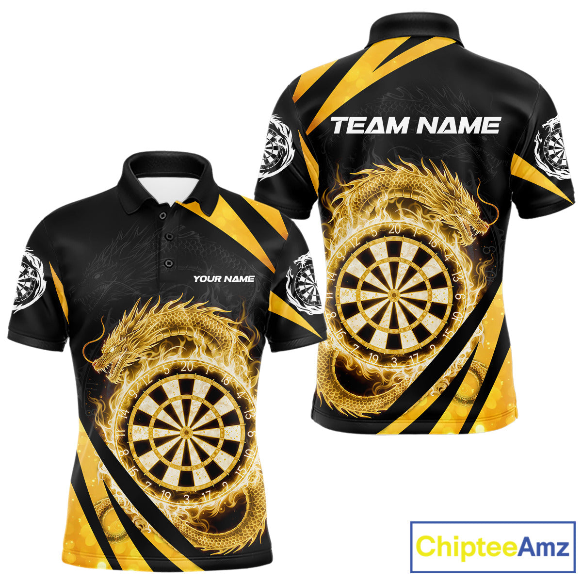 Gold Flames Dragon Dartboard Men Darts Polo Shirt Custom Dragon Team Dart League Shirt NYN2068
