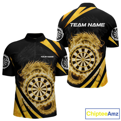 Gold Flames Dragon Dartboard Men Darts Quarter-Zip Shirt Custom Dragon Team Dart League Shirt NYN2068