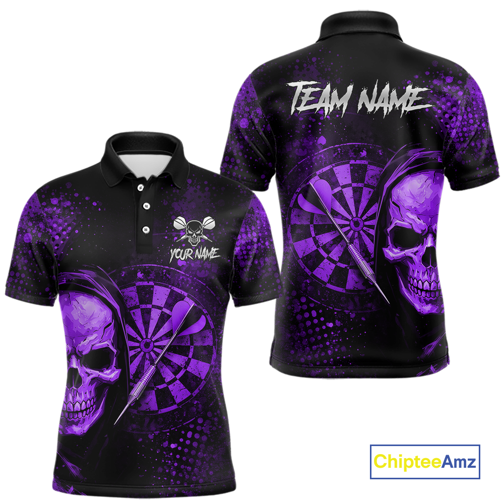 Purple Grunge Skull Dartboard & Arrow Men Darts Polo Shirt Personalized Darts Team Jerseys NYN2596
