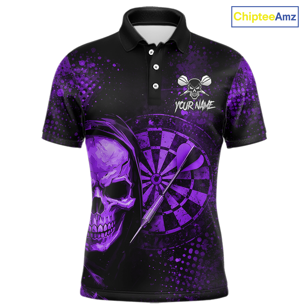 Purple Grunge Skull Dartboard & Arrow Men Darts Polo Shirt Personalized Darts Team Jerseys NYN2596