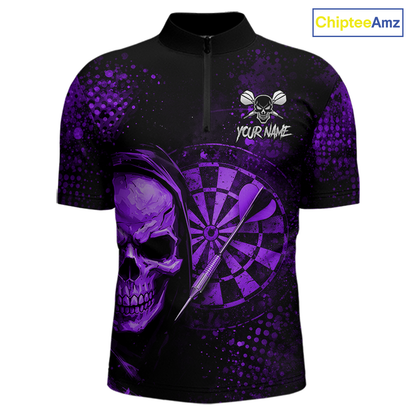 Purple Grunge Skull Dartboard & Arrow Men Darts 1/4-Zip Shirt Personalized Darts Team Jerseys NYN2596
