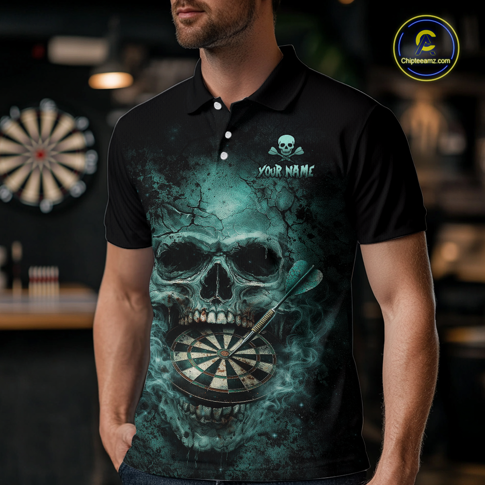 Cracked Grunge Teal Smokes Skull Dartboard Men Darts Polo Shirt Personalized Darts Team Jerseys NYN2598
