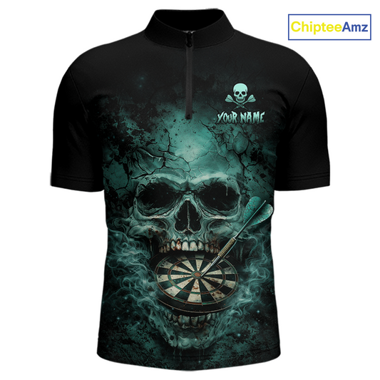 Cracked Grunge Teal Smokes Skull Dartboard Men Darts 1/4-Zip Shirt Personalized Darts Team Jerseys NYN2598