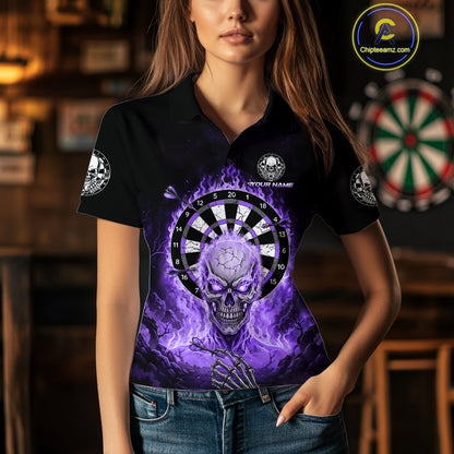 Black Purple Flaming Skeleton Darts Custom Women's Dart Polo Shirts Team Dart League Jerseys NYN2074