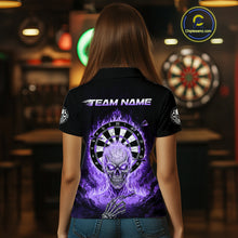 Load image into Gallery viewer, Black Purple Flaming Skeleton Darts Custom Women&#39;s Dart Polo Shirts Team Dart League Jerseys NYN2074