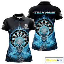 Load image into Gallery viewer, Black Blue Flaming Skeleton Darts Custom Women&#39;s Dart Polo Shirts Team Dart League Jerseys NYN2073