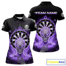 Load image into Gallery viewer, Black Purple Flaming Skeleton Darts Custom Women&#39;s Dart Polo Shirts Team Dart League Jerseys NYN2074