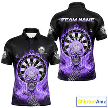Load image into Gallery viewer, Black Purple Flaming Skeleton Darts Custom Men&#39;s Dart Polo Shirts Team Dart League Jerseys NYN2074