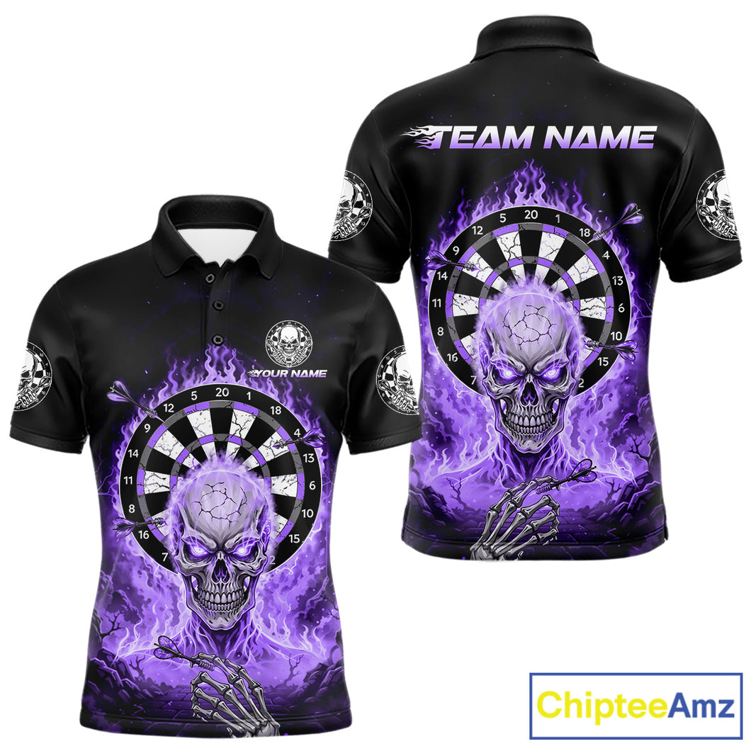 Black Purple Flaming Skeleton Darts Custom Men's Dart Polo Shirts Team Dart League Jerseys NYN2074