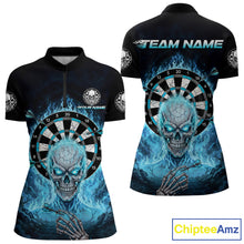 Load image into Gallery viewer, Black Blue Flaming Skeleton Darts Custom Women&#39;s Dart Quarter-Zip Shirts Team Dart League Jerseys NYN2073