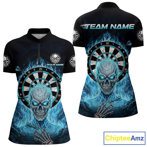 Black Blue Flaming Skeleton Darts Custom Women's Dart Quarter-Zip Shirts Team Dart League Jerseys NYN2073