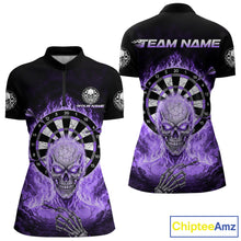 Load image into Gallery viewer, Black Purple Flaming Skeleton Darts Custom Women&#39;s Dart Quarter-Zip Shirts Team Dart League Jerseys NYN2074