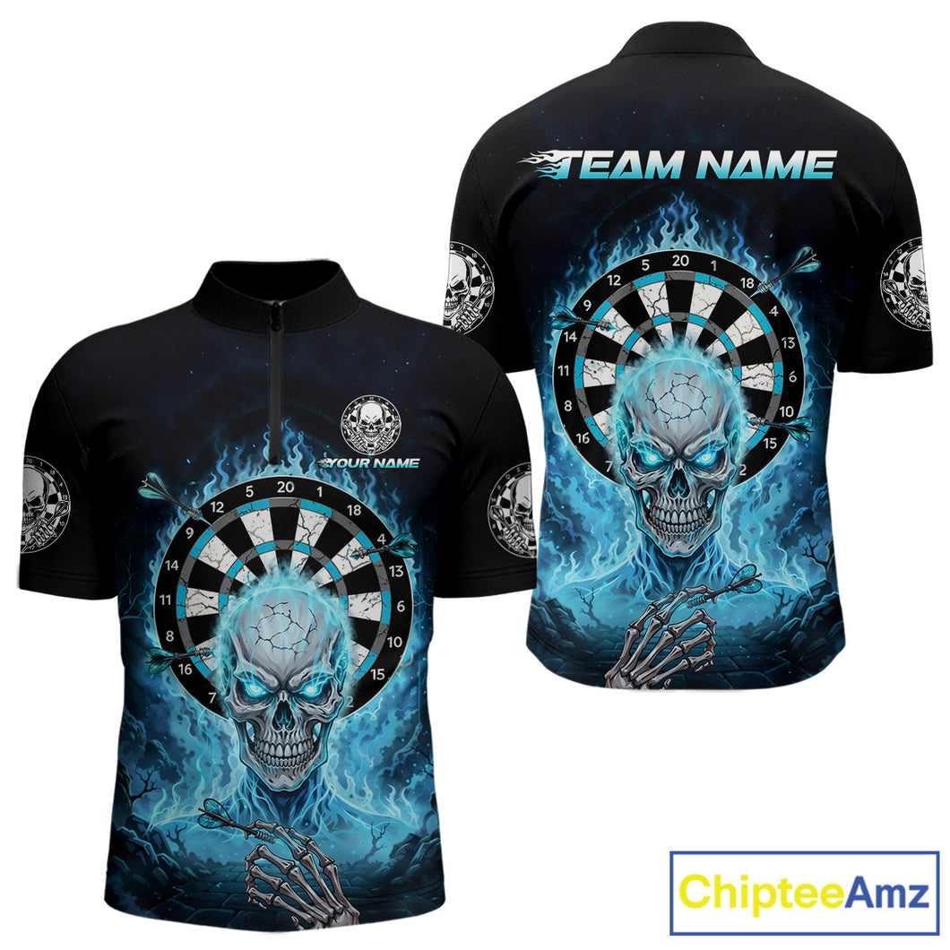 Black Blue Flaming Skeleton Darts Custom Men's Dart Quarter-Zip Shirts Team Dart League Jerseys NYN2073