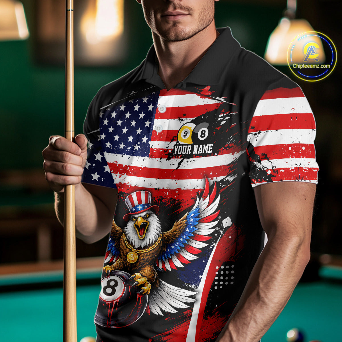 Grunge US Flag Eagle 8 Ball & 9 Ball Billiard Pool Shirt For Men Custom Patriotic Billiard Appeal NYN2762